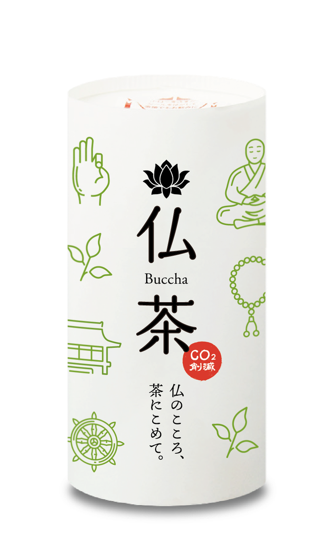 仏茶(Buccha)のパッケージ正面。蓮のマークと「仏のこころ、茶にこめて。」の言葉